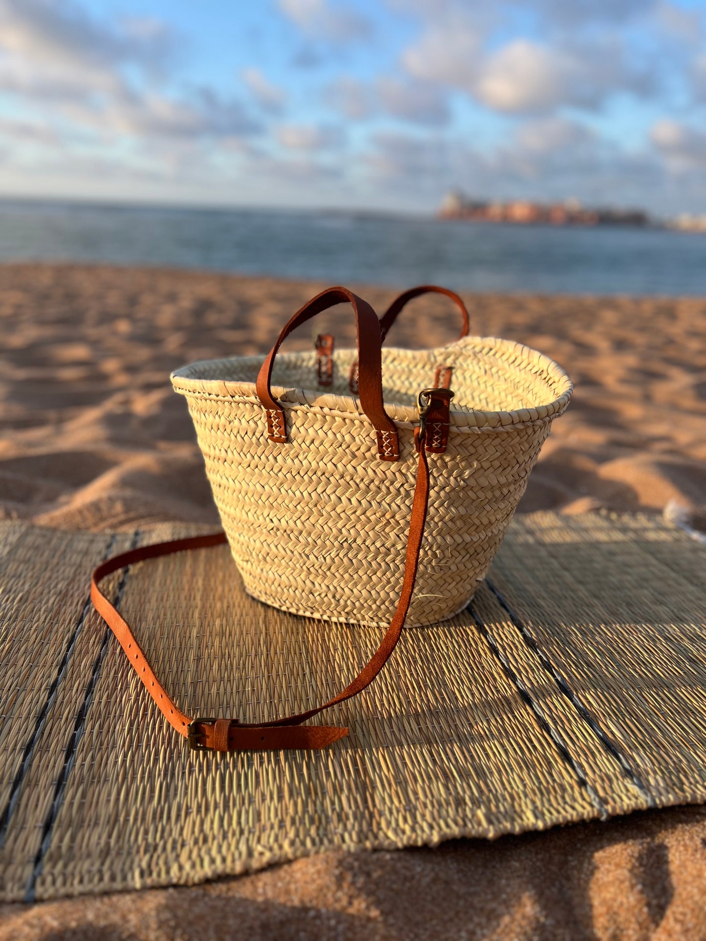 French Market Basket with Brown Leather Handle