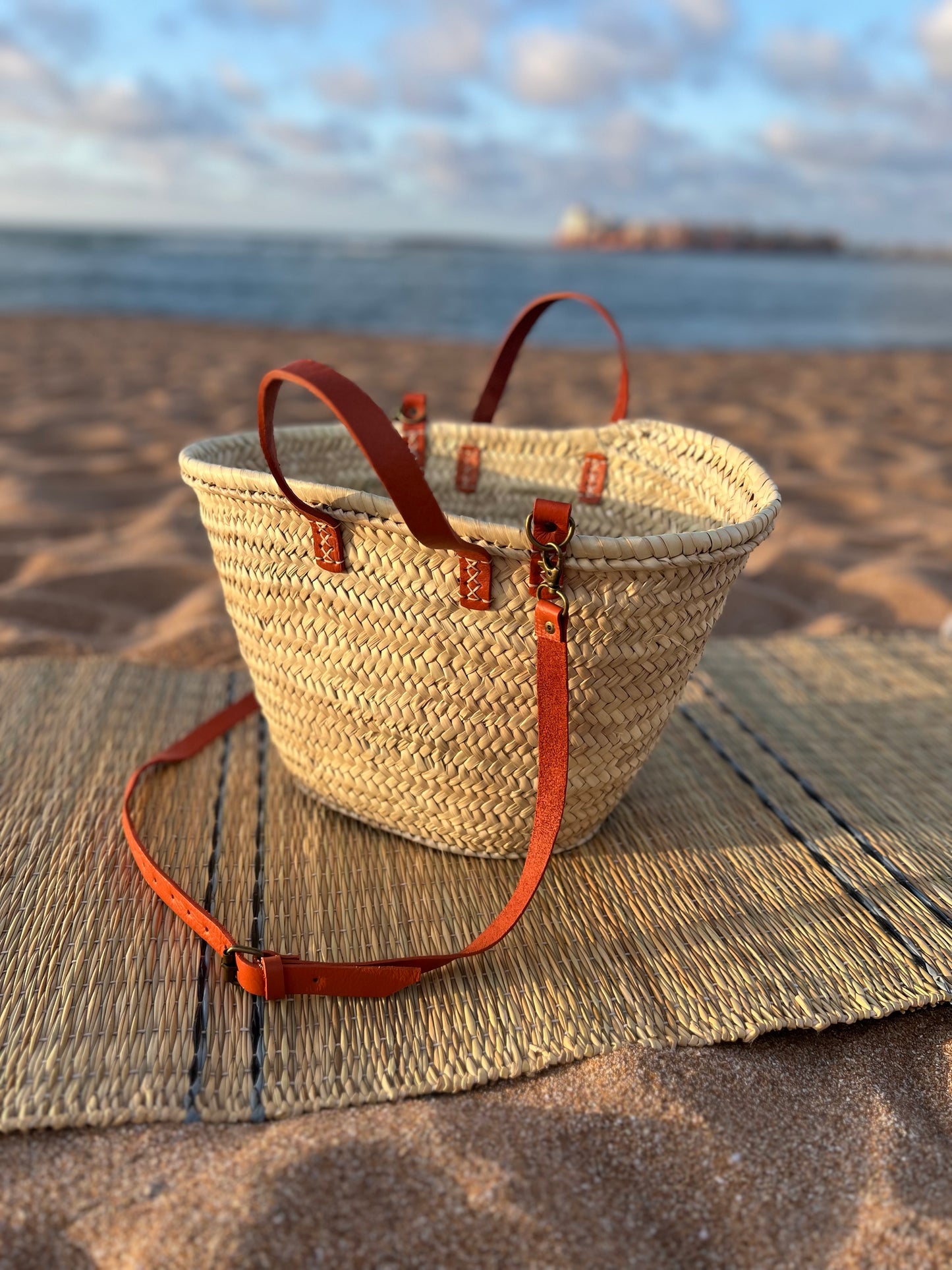 French Market Basket with Orange Leather Handle