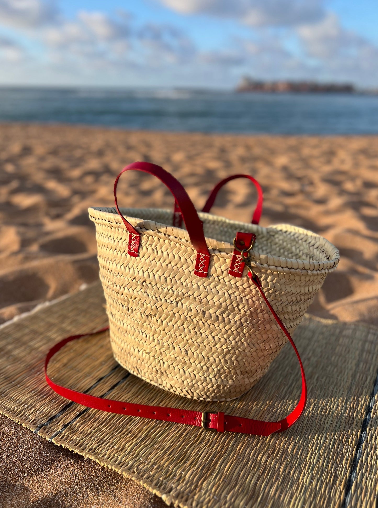 French Market Basket with Red Leather Handle